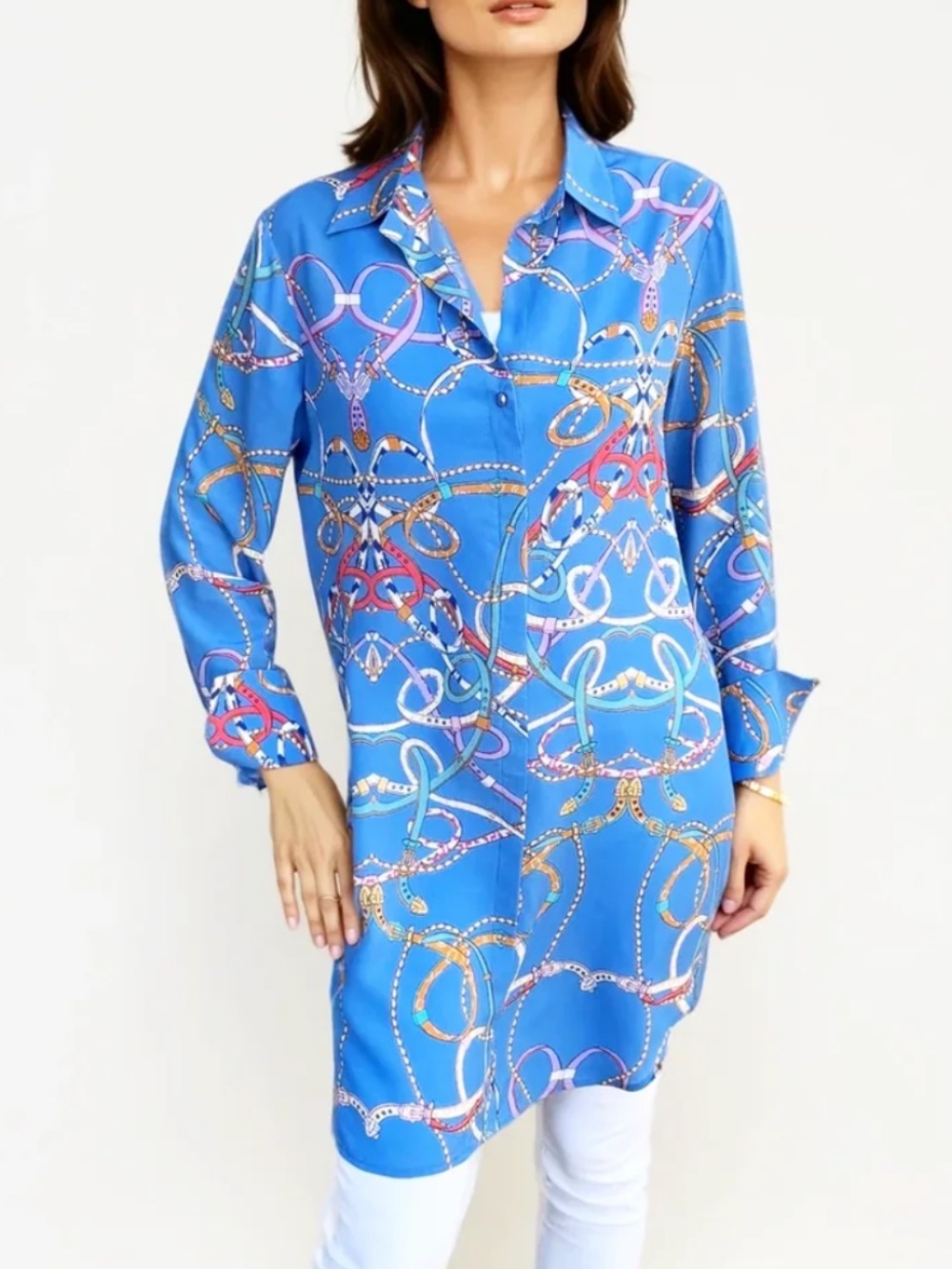 Catherine Gee NWT Daria Silk Shirt Dress in Blue Belt Size Large